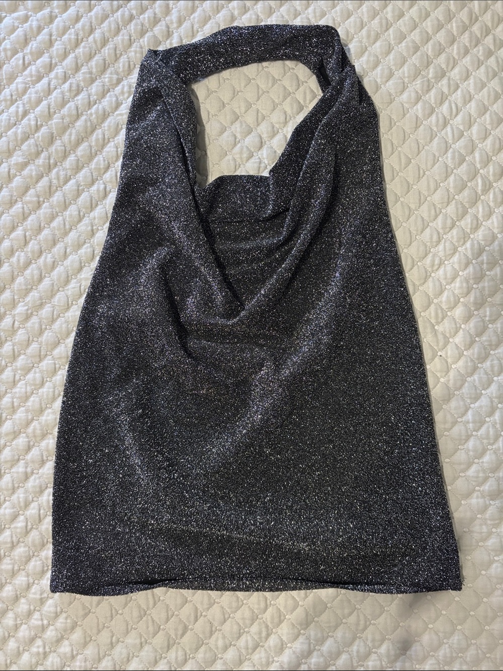 Express Metallic Sparkle Cowl Halter Top - Black/Silver
